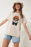 Krem Boncuk Detaylı Ayıcık Armalı Örme T-Shirt WE00002
