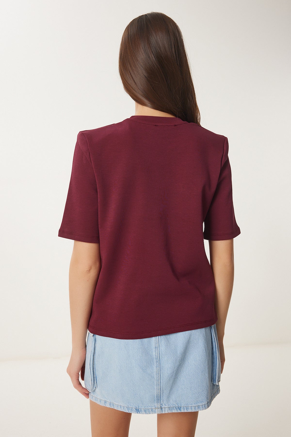 Bordo Vatkalı Pamuklu Örme T-Shirt DZ00121