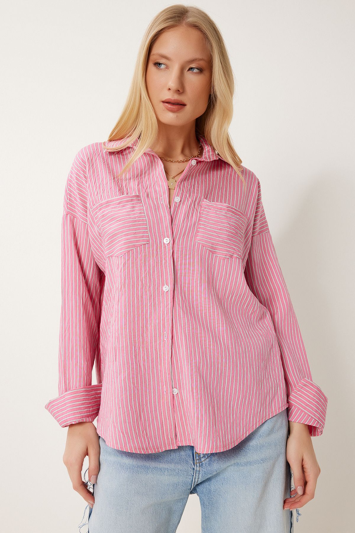 Pembe Overisize Kırışık Dokuma Gömlek AN00249