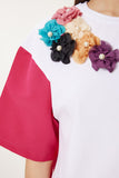 Pembe Beyaz Çiçek Detaylı Crop Örme T-Shirt TP00085