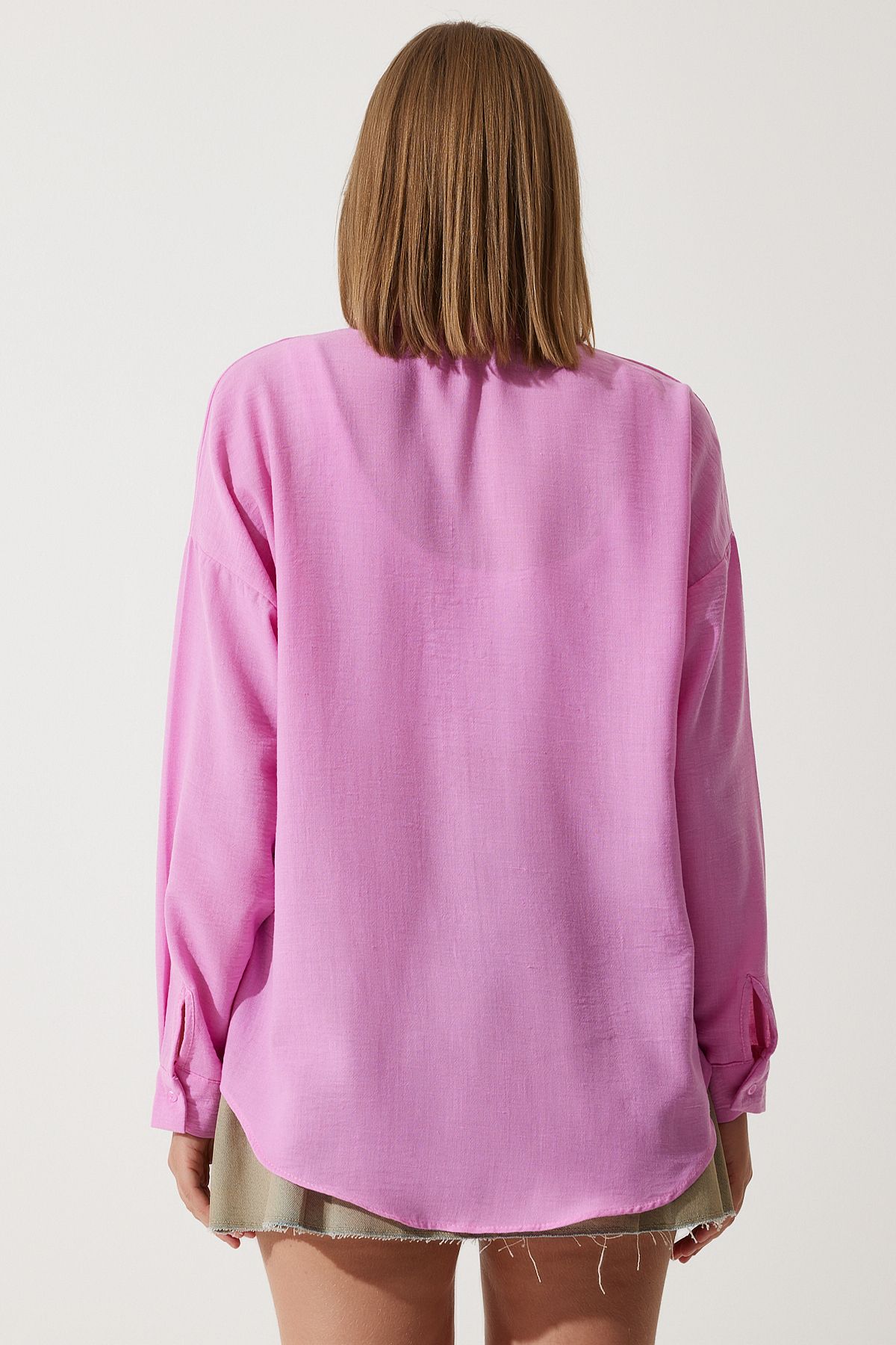 Açık Pembe Oversize Keten Ayrobin Gömlek DD01222
