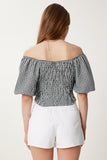 Siyah Kareli Carmen Yaka Esnek Crop Keten Bluz TP00079