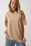 Koyu Bej Bisiklet Yaka Basic Oversize Örme T-Shirt BF00091