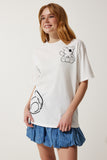 Beyaz Baskılı Oversize Örme T-Shirt HF00457