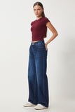 Koyu Mavi Orta Bel Geniş Paça Bol Jeans UT00023
