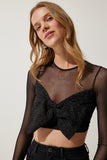 Siyah Fiyonk Detaylı Transparan Crop Bluz WF00065