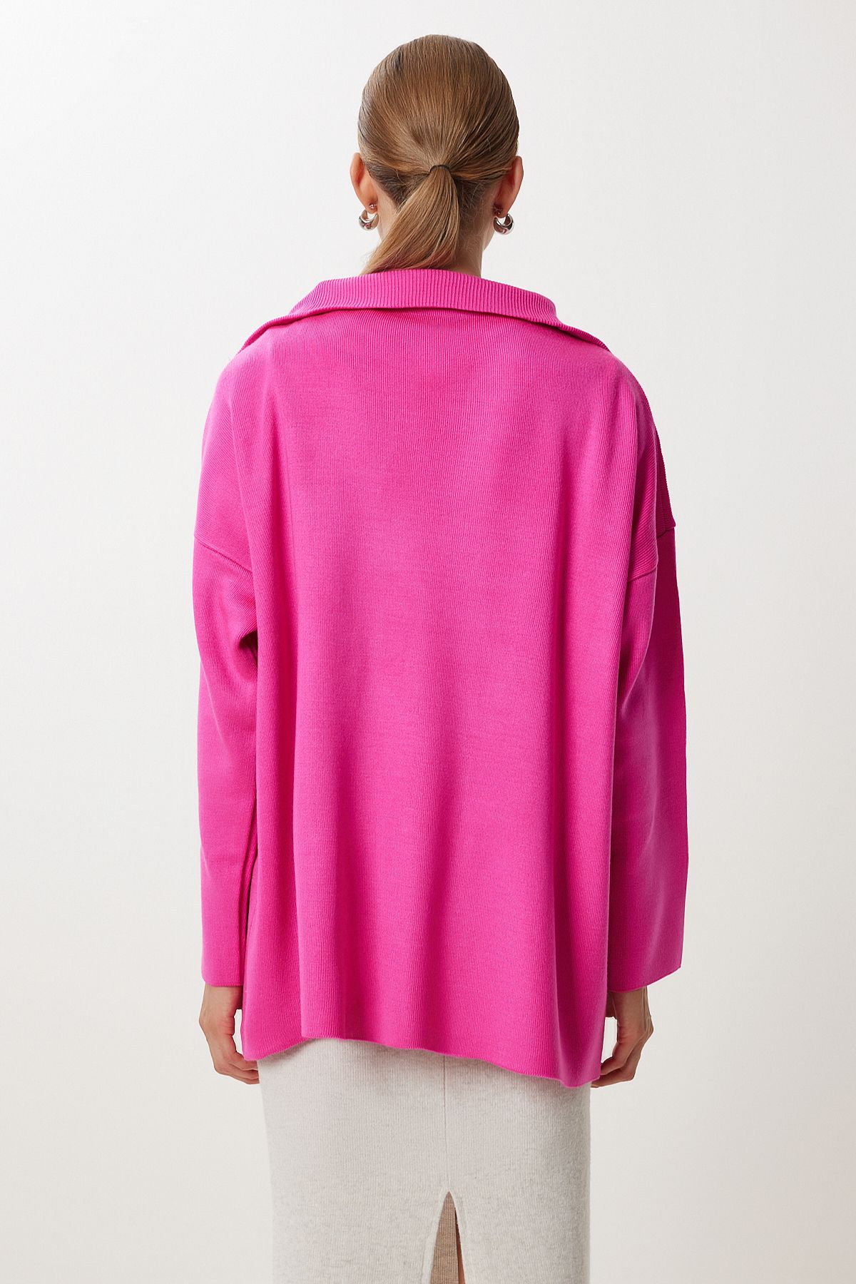 Koyu Pembe Fermuarlı Oversize Triko Kazak YY00263