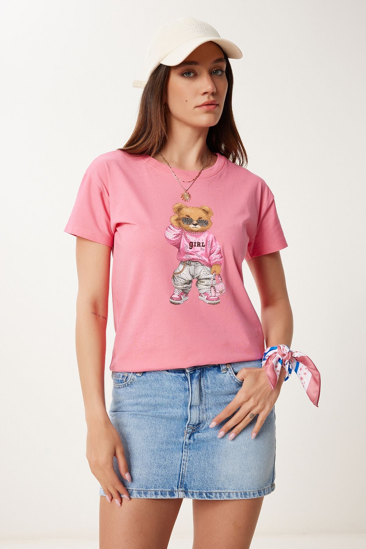 Pembe Taş Detaylı Ayıcık Baskılı Örme T-Shirt BW00001