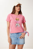 Pembe Taş Detaylı Ayıcık Baskılı Örme T-Shirt BW00001