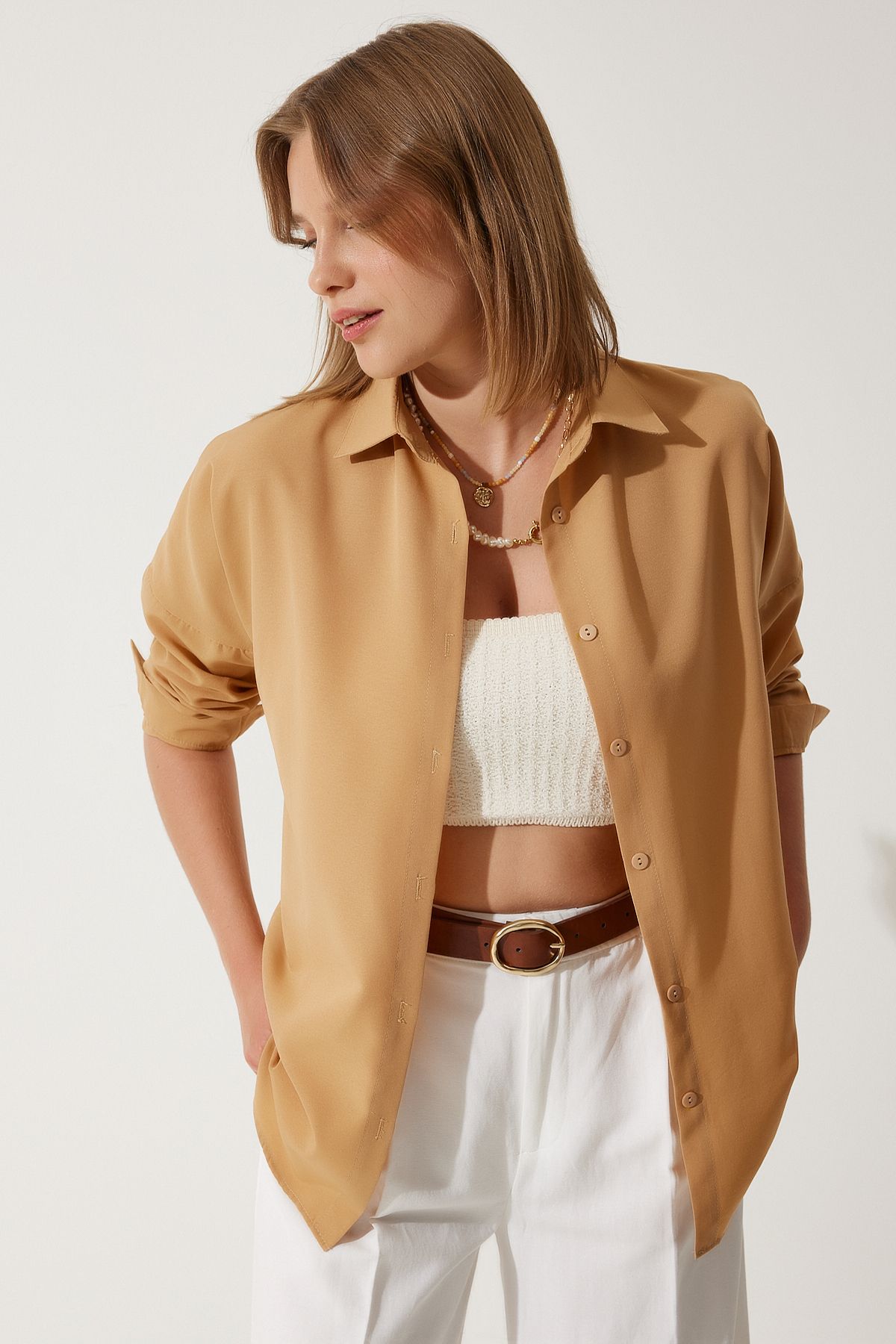 Camel Oversize Uzun Basic Gömlek  DD00842