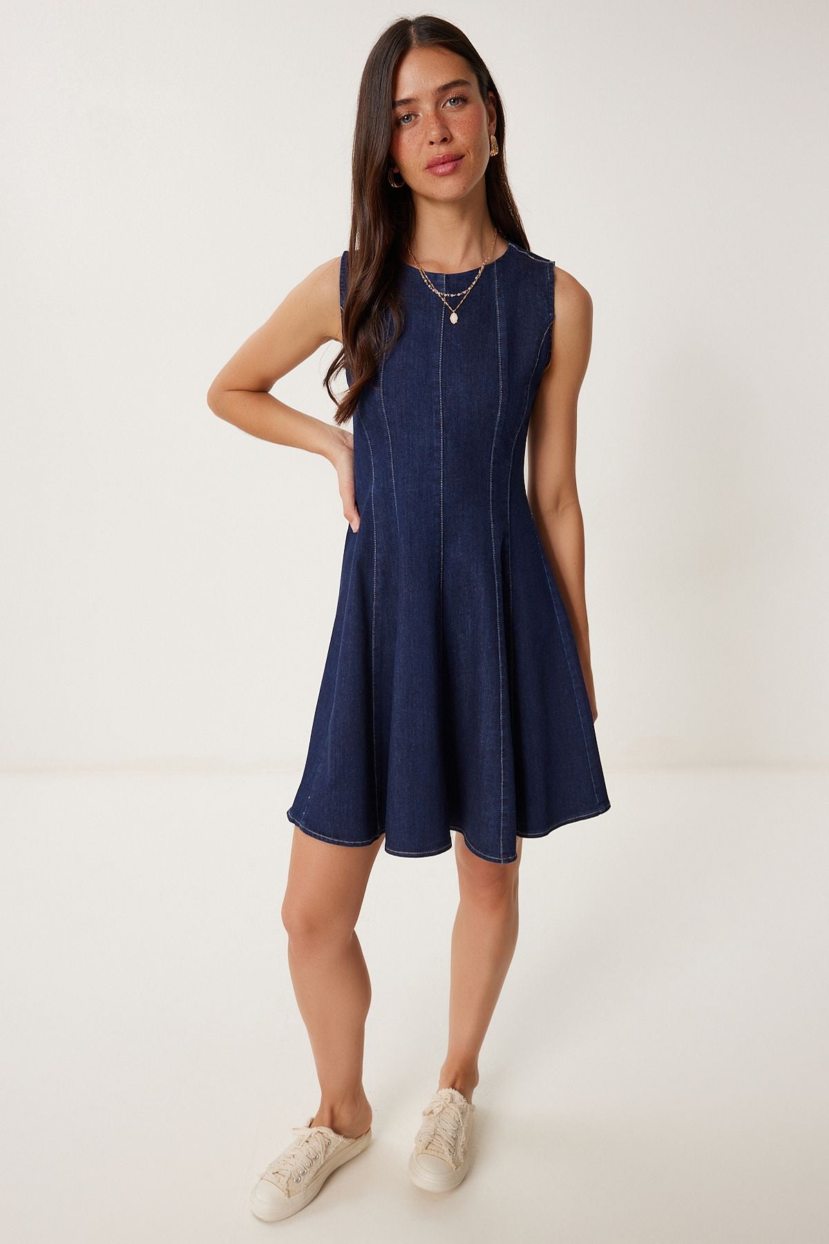 Koyu Mavi Volanlı Mini Denim Elbise KQ00012