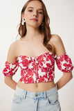 Koyu Pembe Krem Desenli Crop Viskon Bluz CR00510
