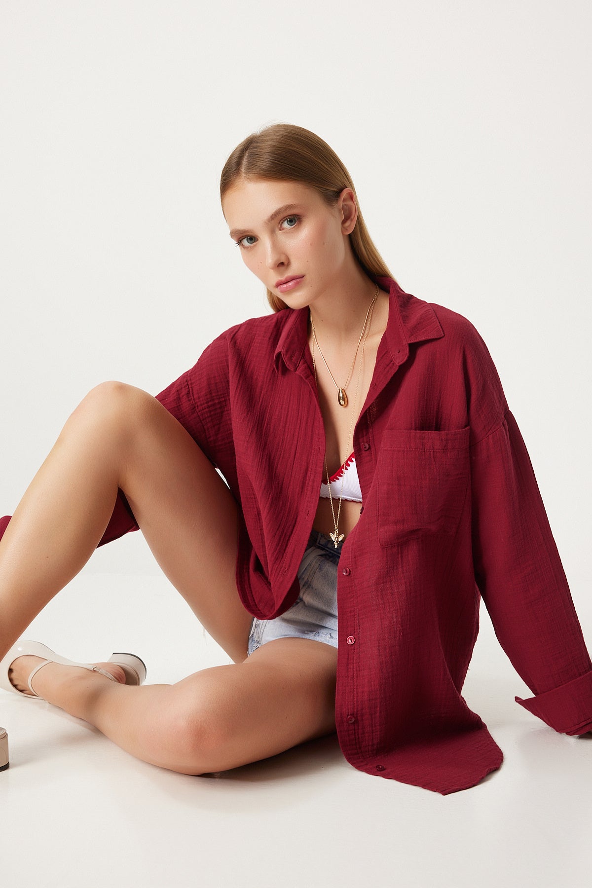 Bordo Oversize Basic Müslin Gömlek  MX00150