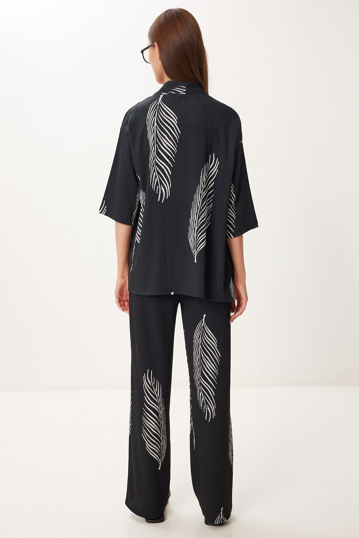 Siyah Kemik Desenli Krinkıl Örme Kimono Pantolon Takım İY00006