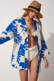 Bej Mavi Desenli Keten Viskon Kimono BH00381