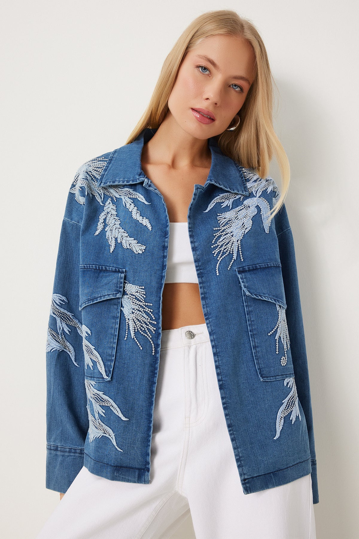 Mavi Nakış İşlemeli Denim Ceket ES00168