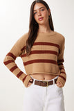 Camel Çizgili Crop Triko Kazak Kİ00139