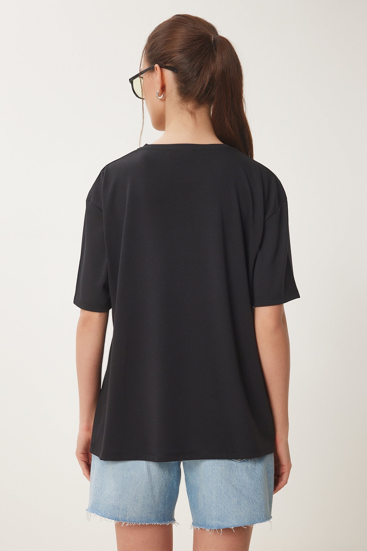 Siyah Fiyonk Baskılı Örme T-Shirt VN00024