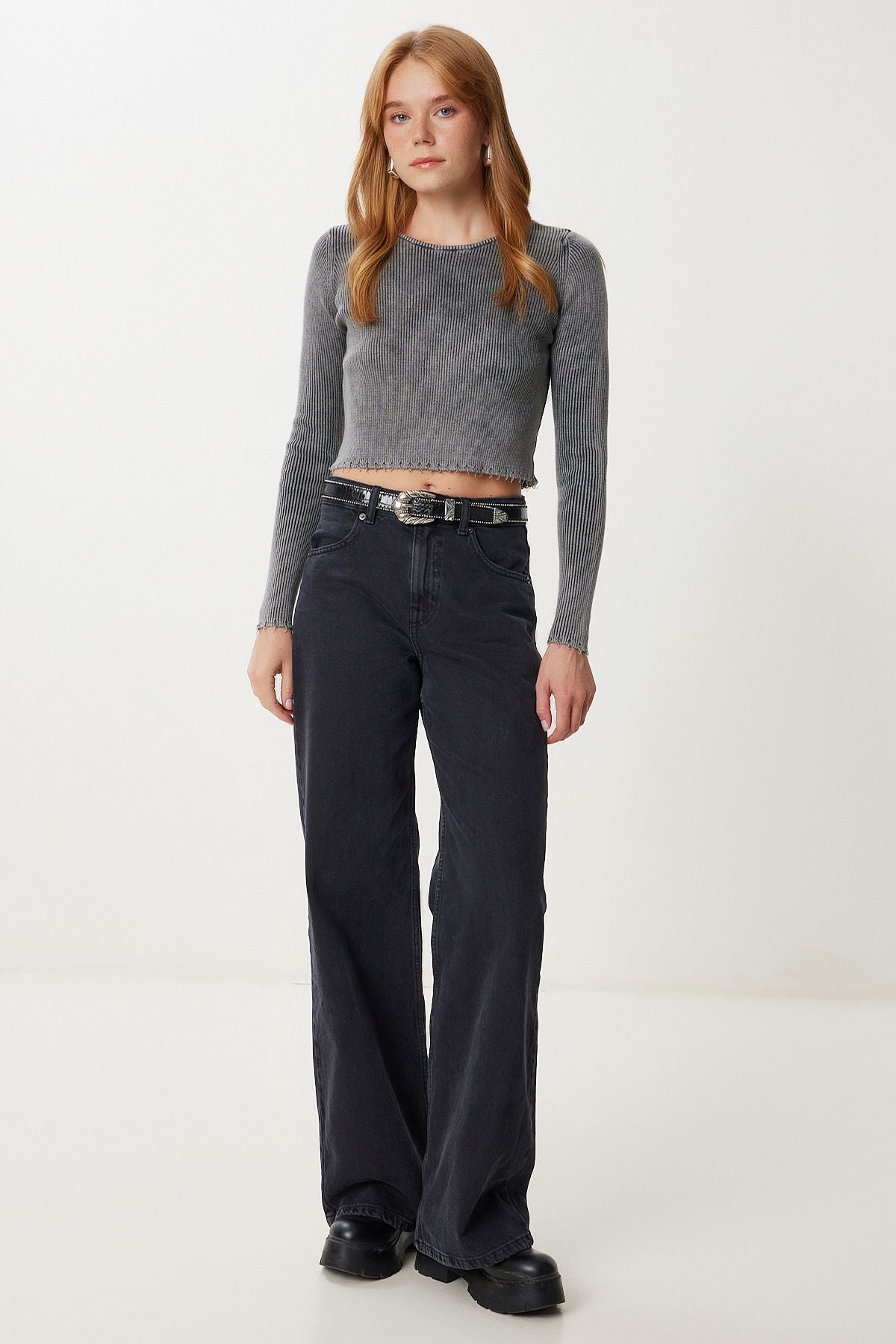 Antrasit Yıkamalı Fitilli Örme Crop Bluz PF00121