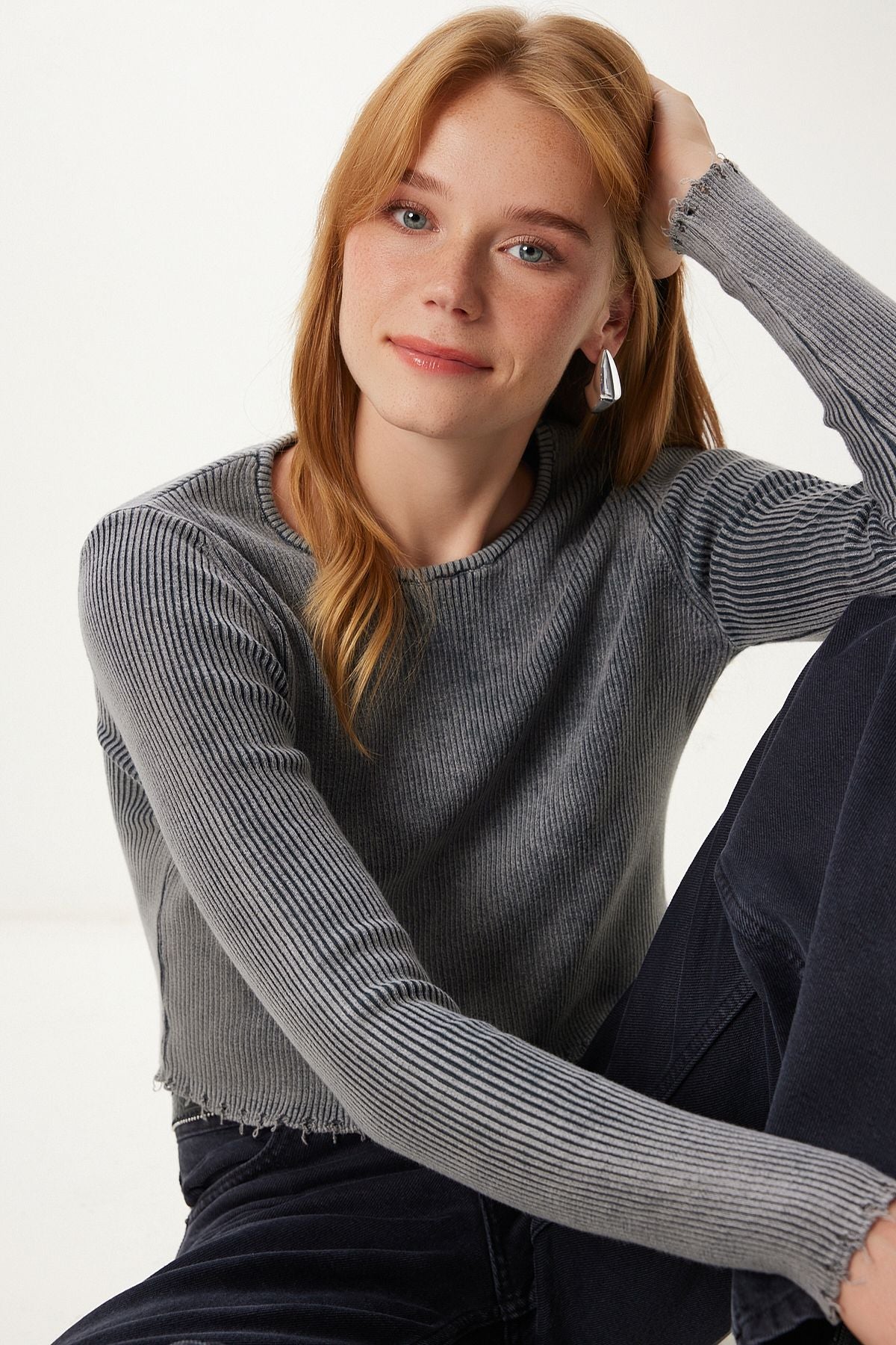 Antrasit Yıkamalı Fitilli Örme Crop Bluz PF00121