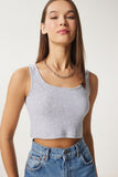 Gri Melanj Askılı Fitilli Crop Örme Bluz GT00030