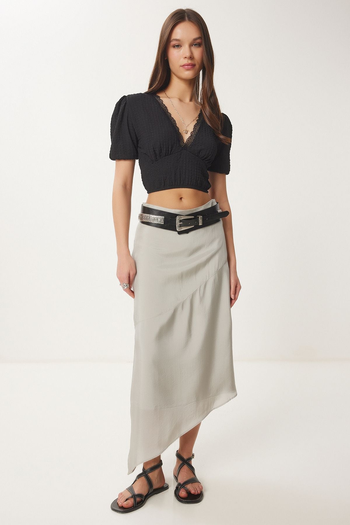 Siyah Balon Kollu Crop Örme Bluz ZV00278