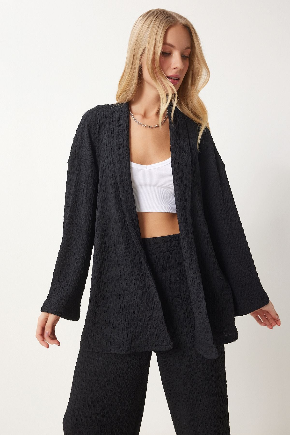 Siyah Dokulu Örme Kimono Pantolon Takım RG00046