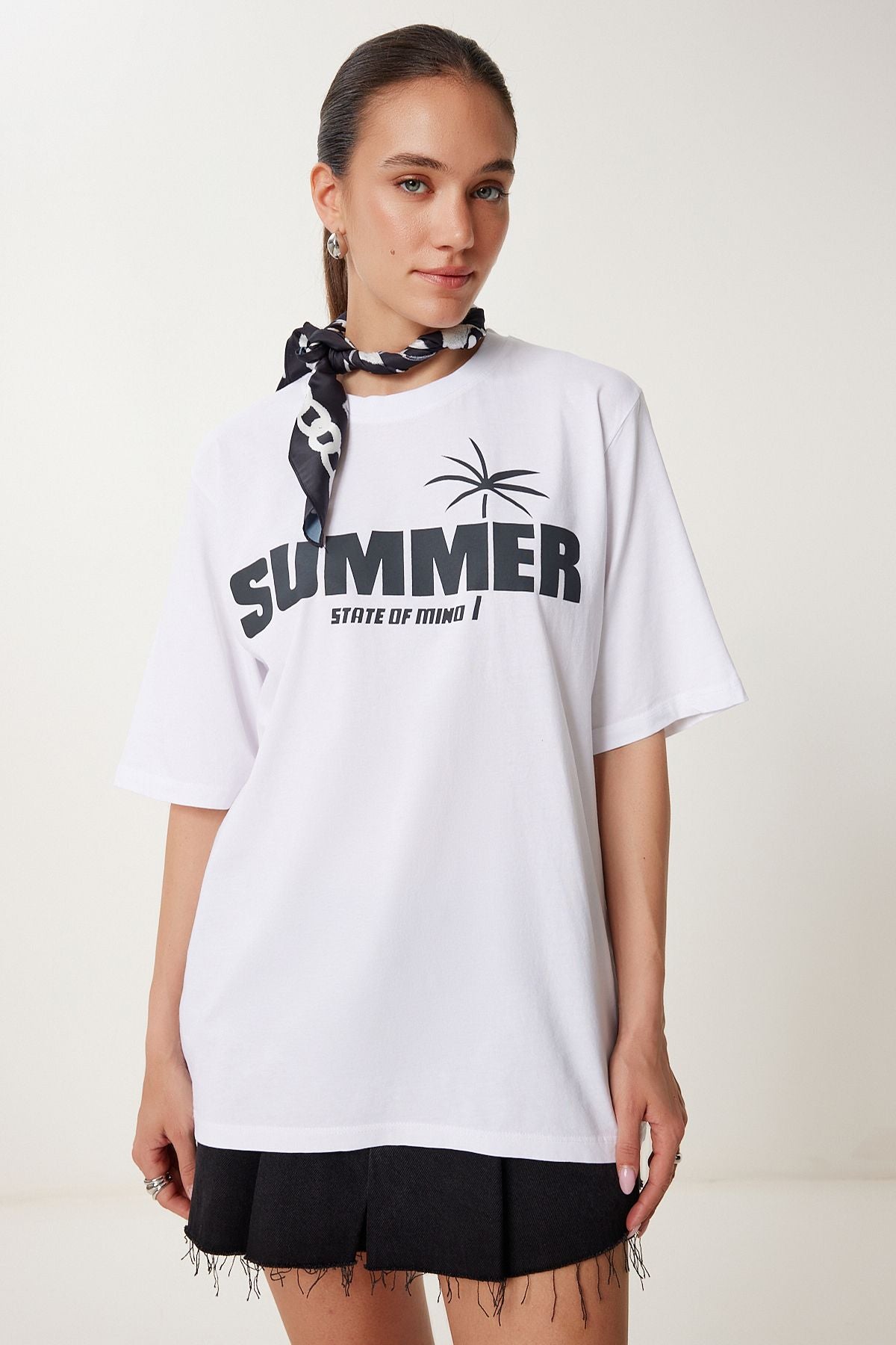 Ekru Baskılı Oversize Rahat Örme T-Shirt US01001