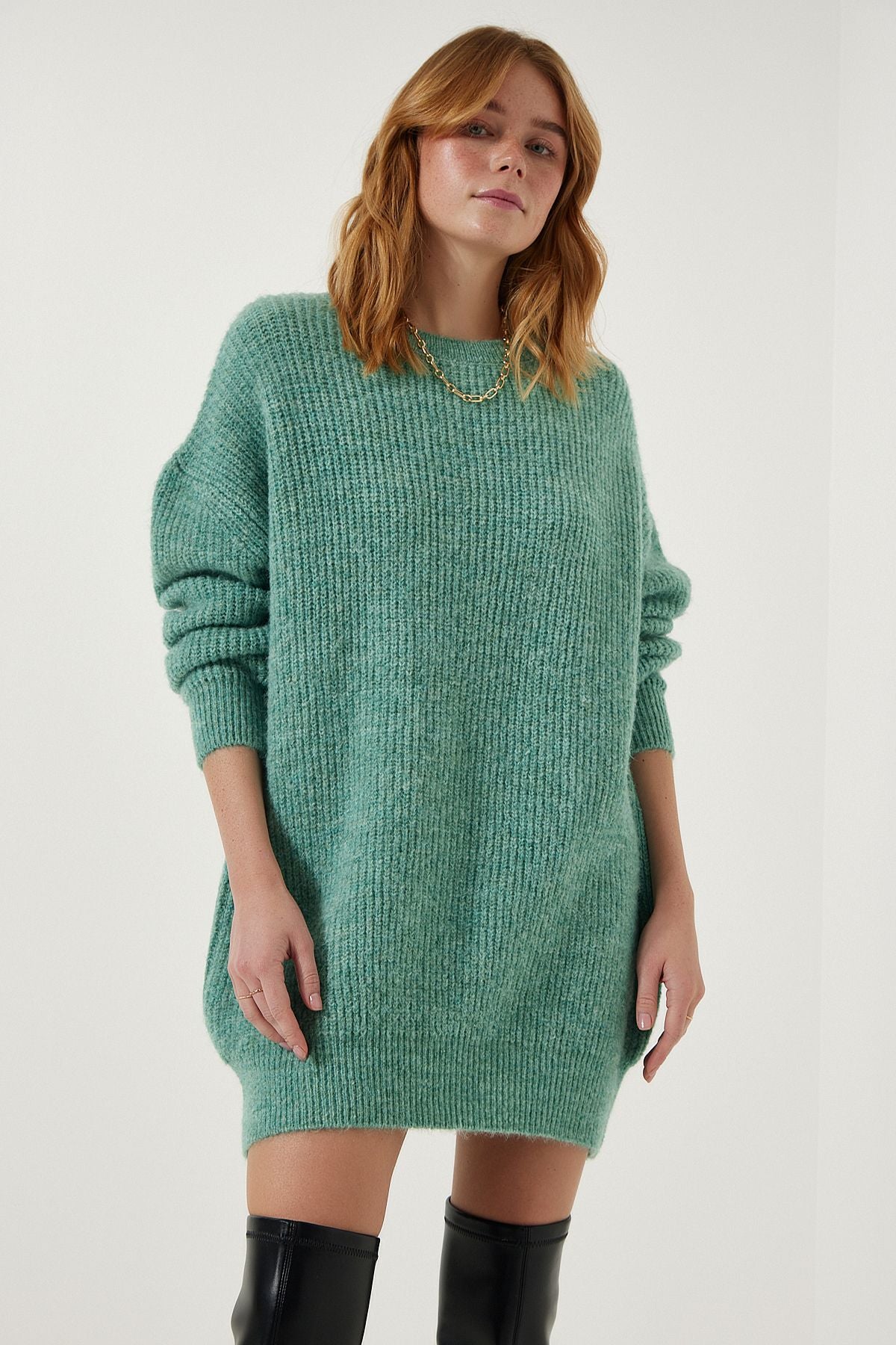 Su Yeşili Oversize Uzun Basic Triko Kazak  BV00099