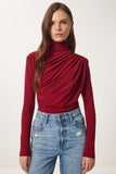 Bordo Büzgü Detaylı Dik Yaka Sandy Bluz  FF00135