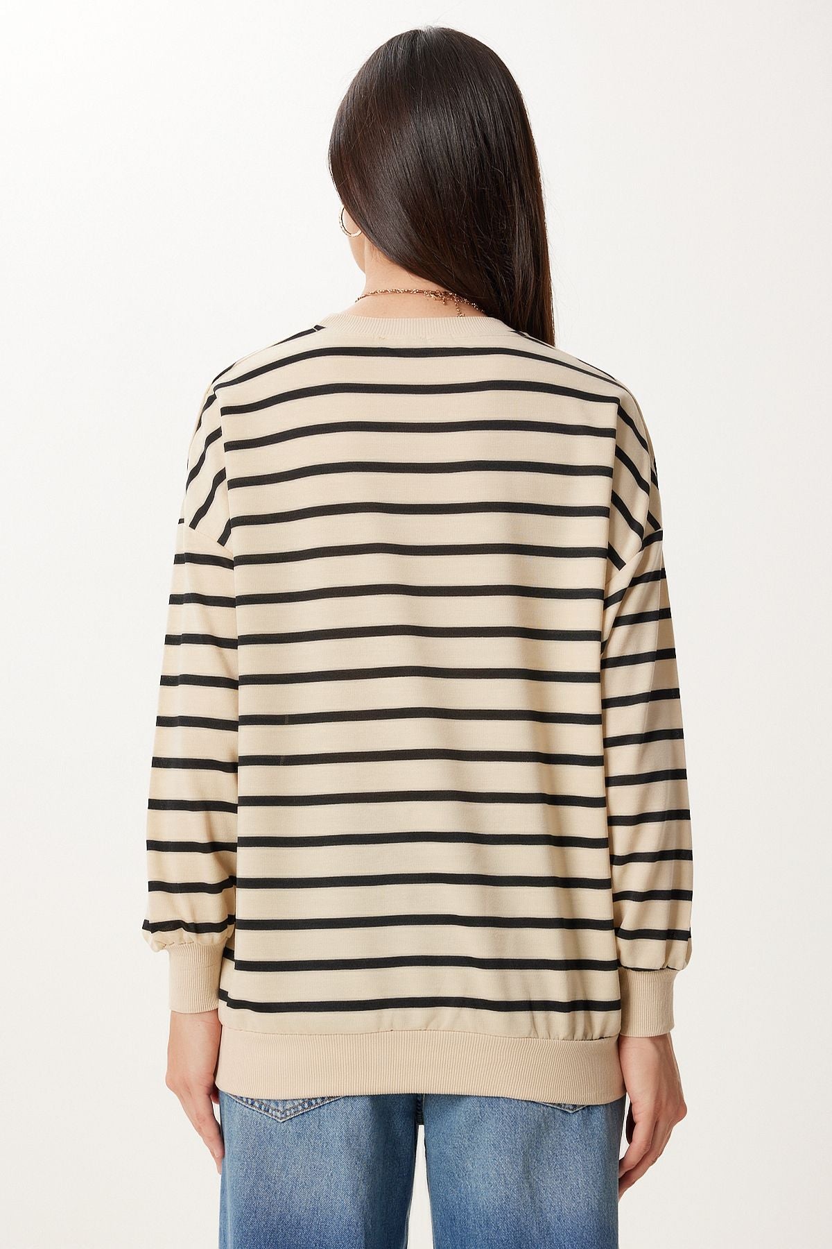 Krem Siyah Çizgili Oversize Örme Sweatshirt ZV00339