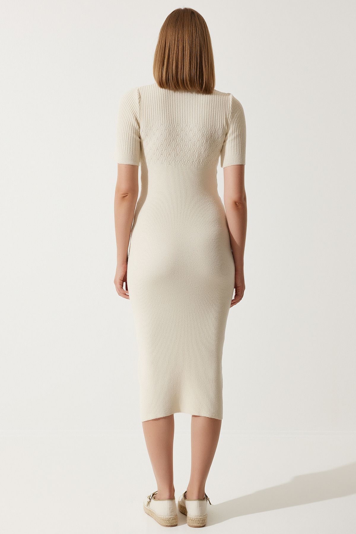 Krem Polo Yaka Triko Elbise YY00215