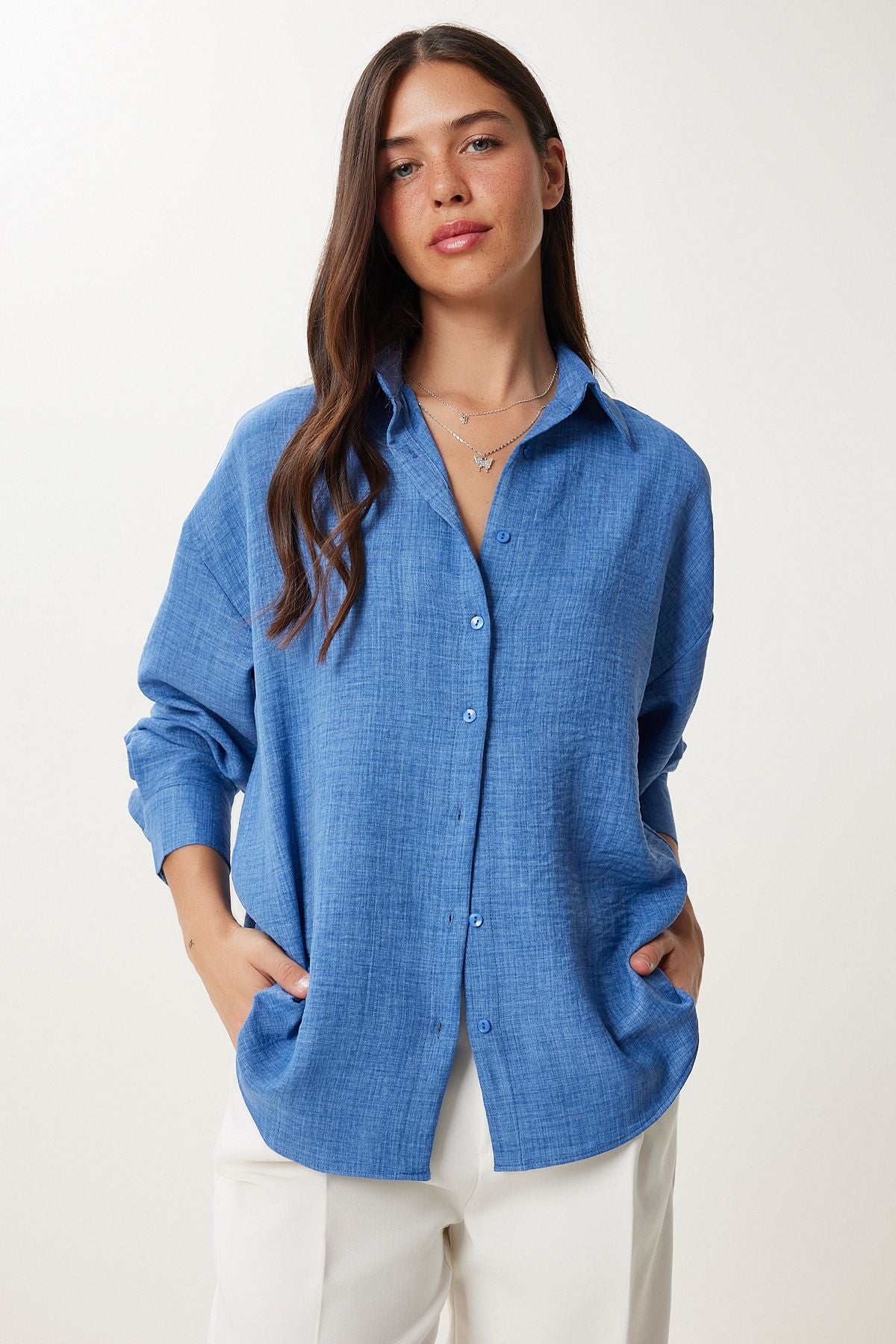 İndigo Mavi Oversize Keten Gömlek PB00053