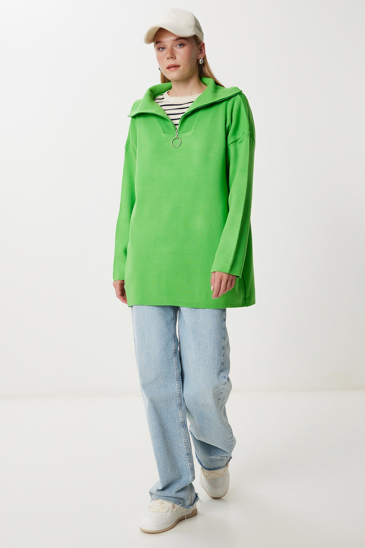 Fıstık Yeşili Fermuarlı Oversize Triko Kazak YY00263