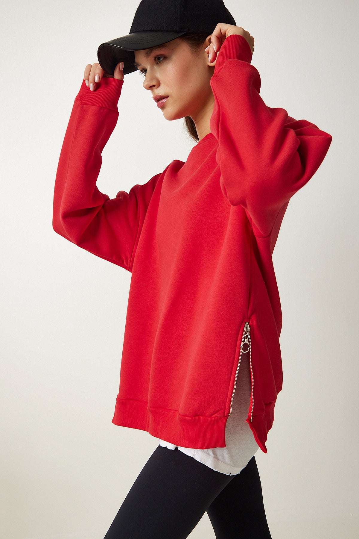 Kırmızı Fermuar Detaylı Şardonlu Örme Sweatshirt UB00148