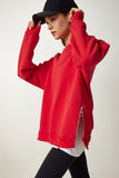 Kırmızı Fermuar Detaylı Şardonlu Örme Sweatshirt UB00148