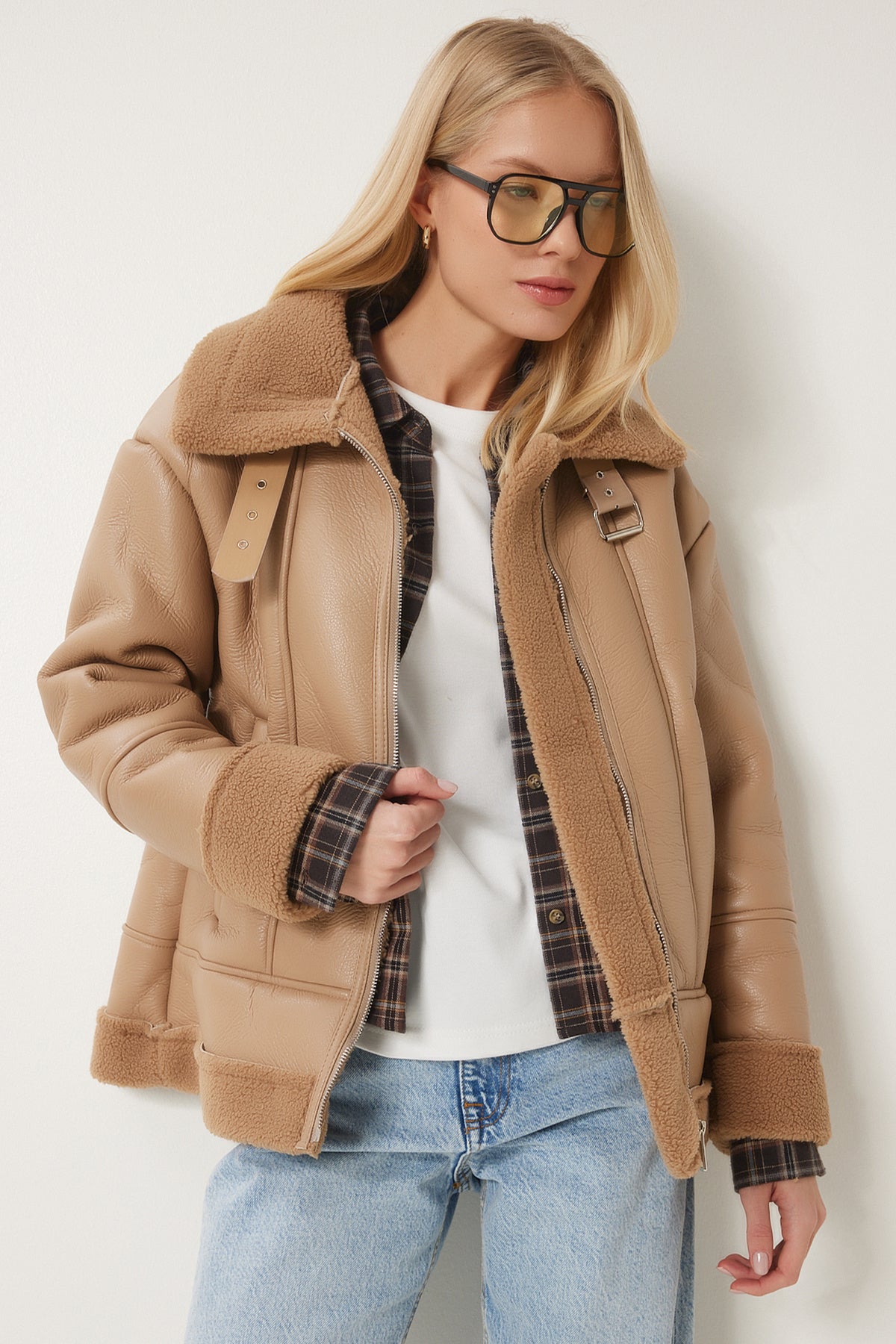 Camel İçi Suni Kürklü Suni Deri Biker Ceket RV00202