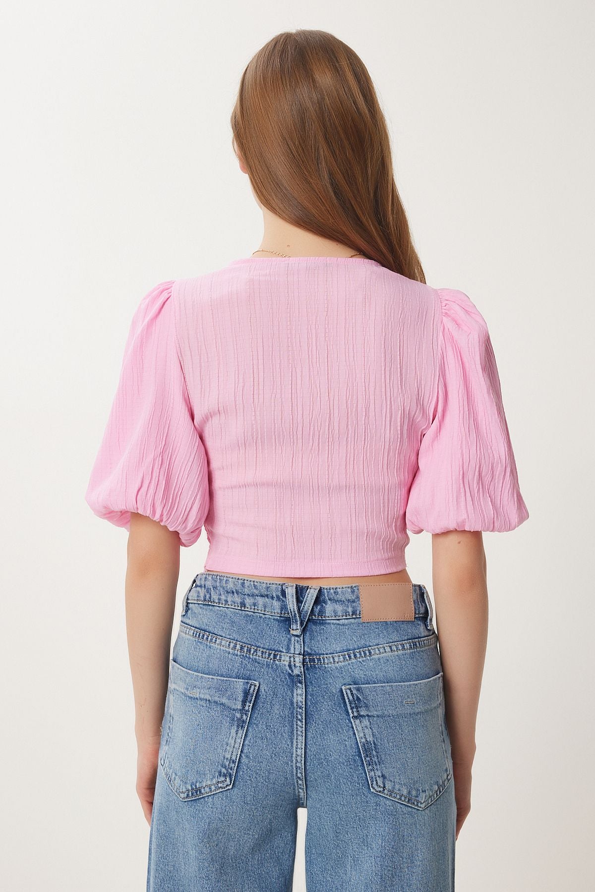 Pembe Balon Kollu Crop Dokuma Bluz RG00052