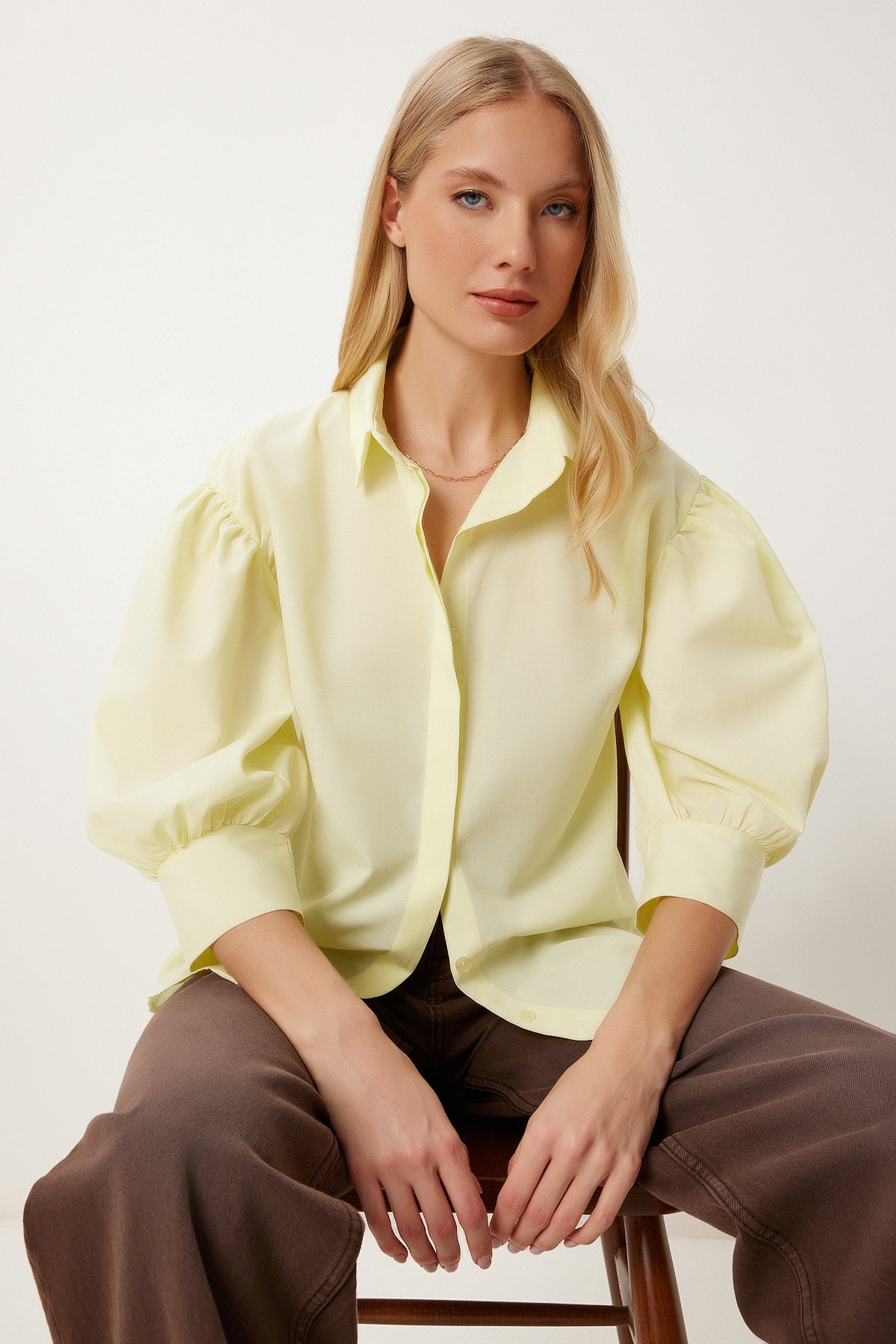Sarı Balon Kollu Poplin Gömlek ZV00315