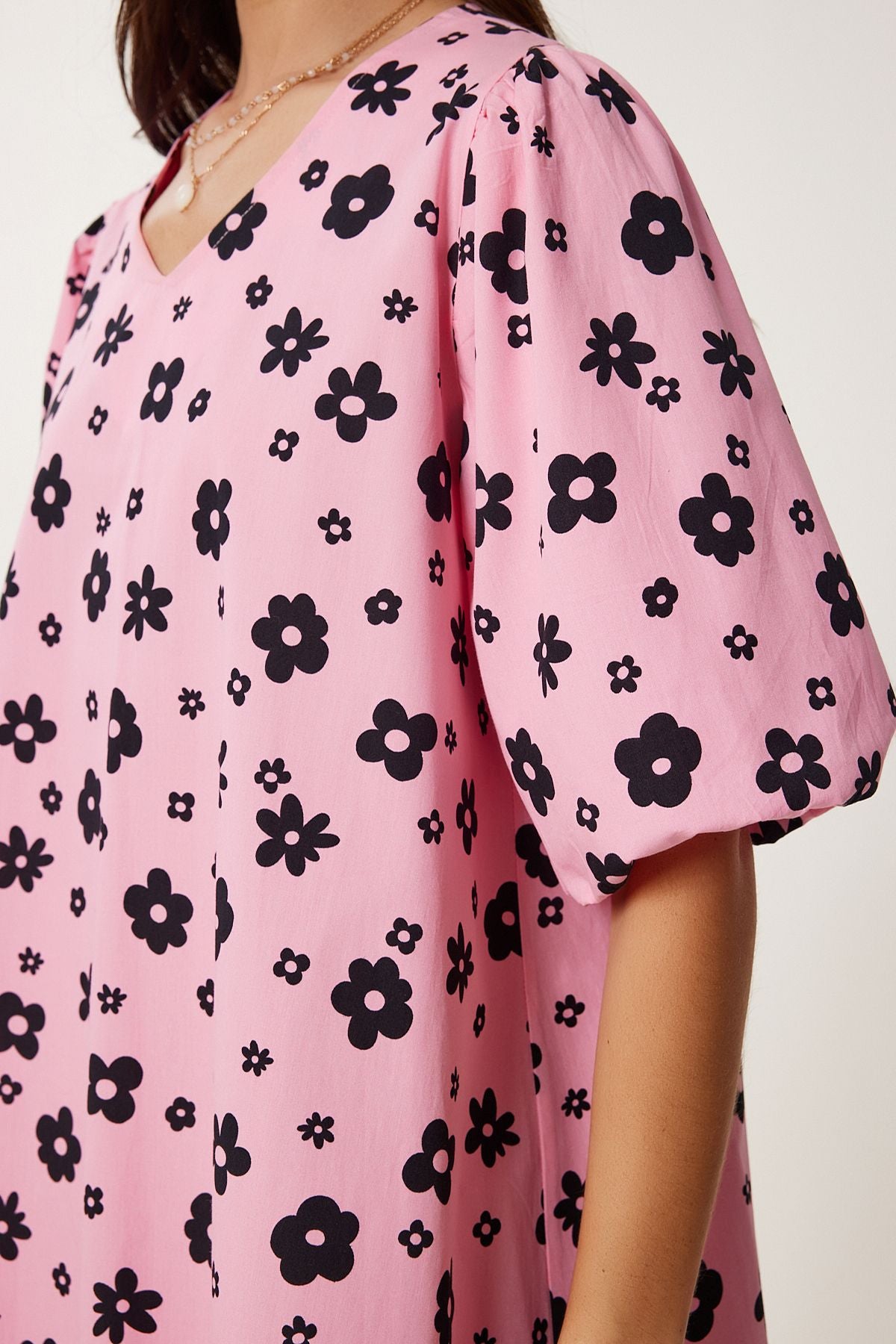 Pembe Siyah Balon Kollu Desenli Poplin Elbise RC00157