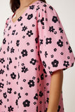 Pembe Siyah Balon Kollu Desenli Poplin Elbise RC00157