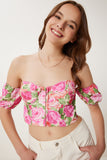 Pembe Sarı Desenli Crop Viskon Bluz CR00510
