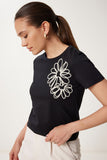 Siyah Çiçek Nakışlı Pamuklu Örme T-Shirt CR00488