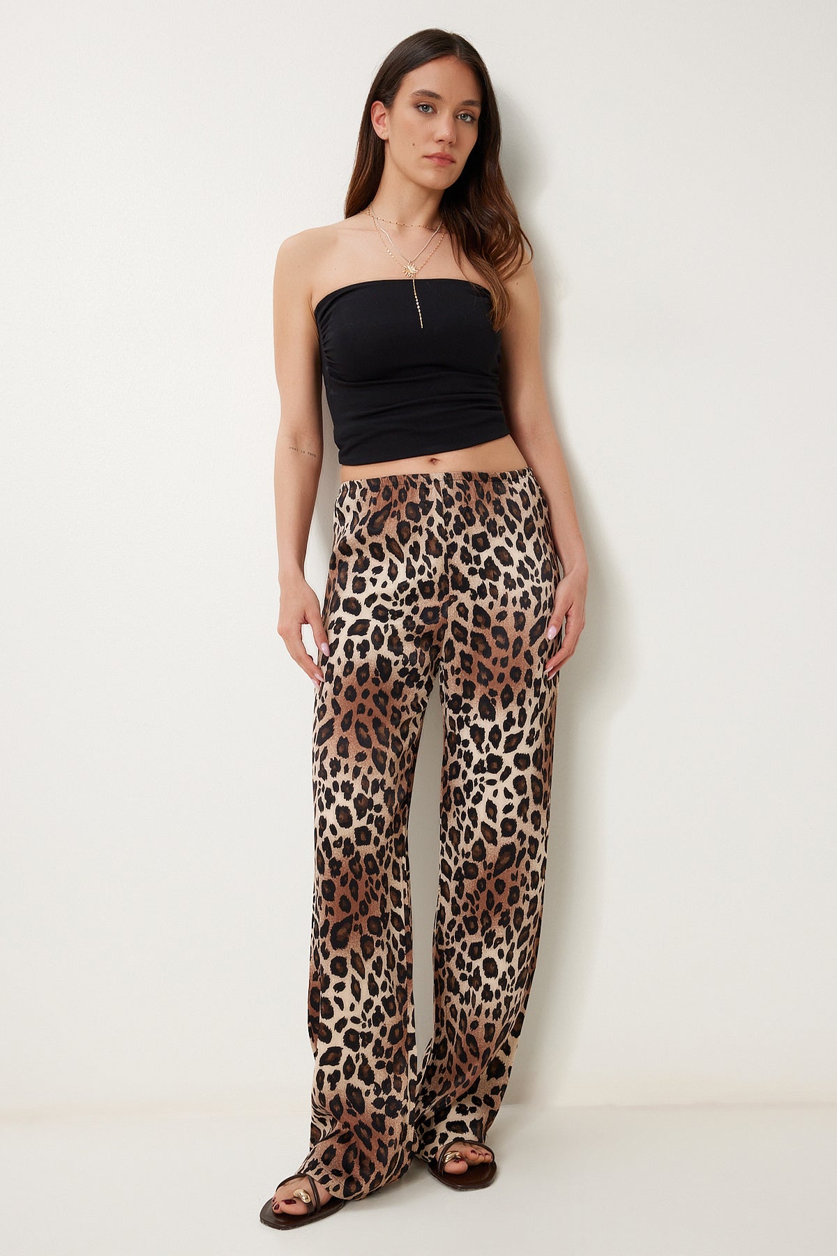 Siyah Kahverengi Leopar Desenli Saten Pantolon US00967