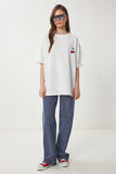 Ekru Oversize Nakışlı Örme T-Shirt ZV00276