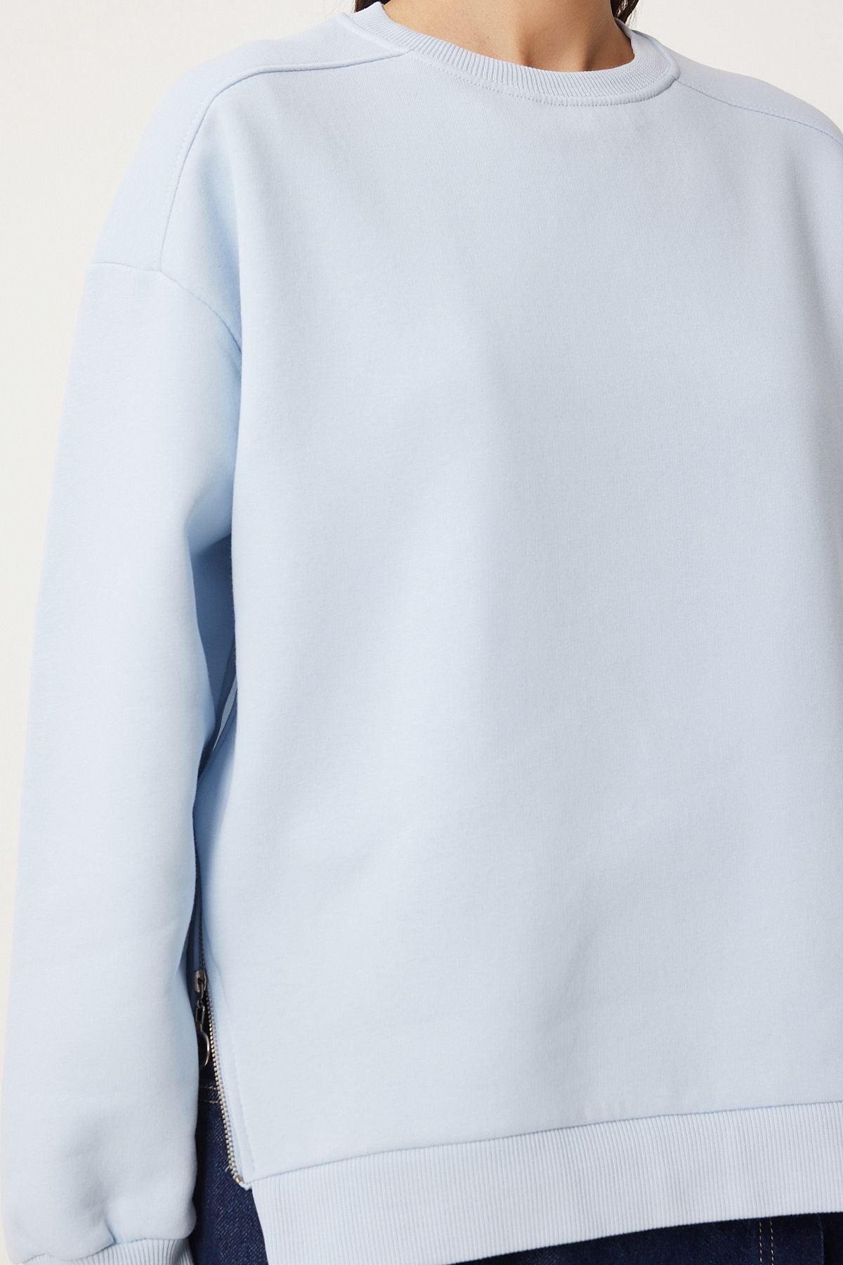 Gök Mavi Fermuar Detaylı Şardonlu Örme Sweatshirt UB00148