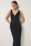Siyah V Yaka Midi Örme Elbise UB00378