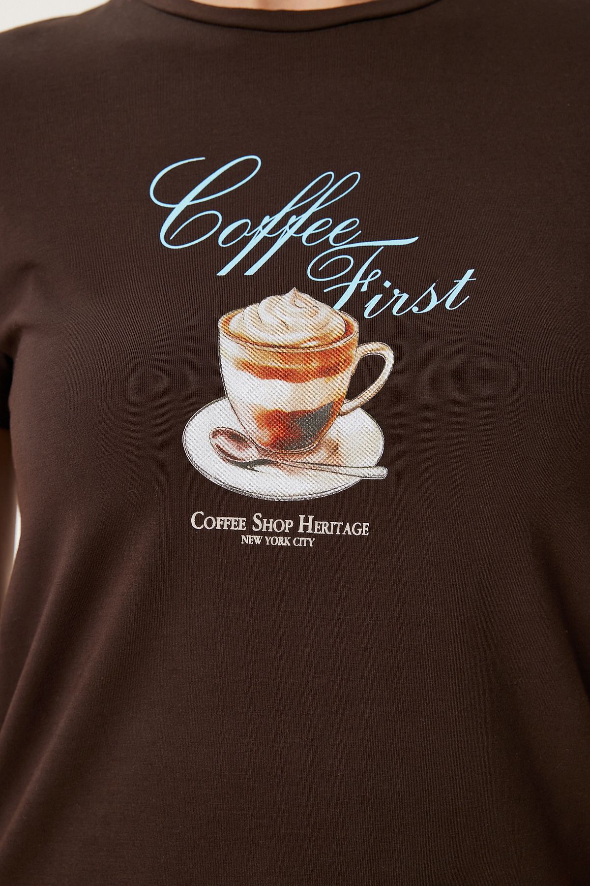 Kahverengi Baskılı Örme T-Shirt UB00388