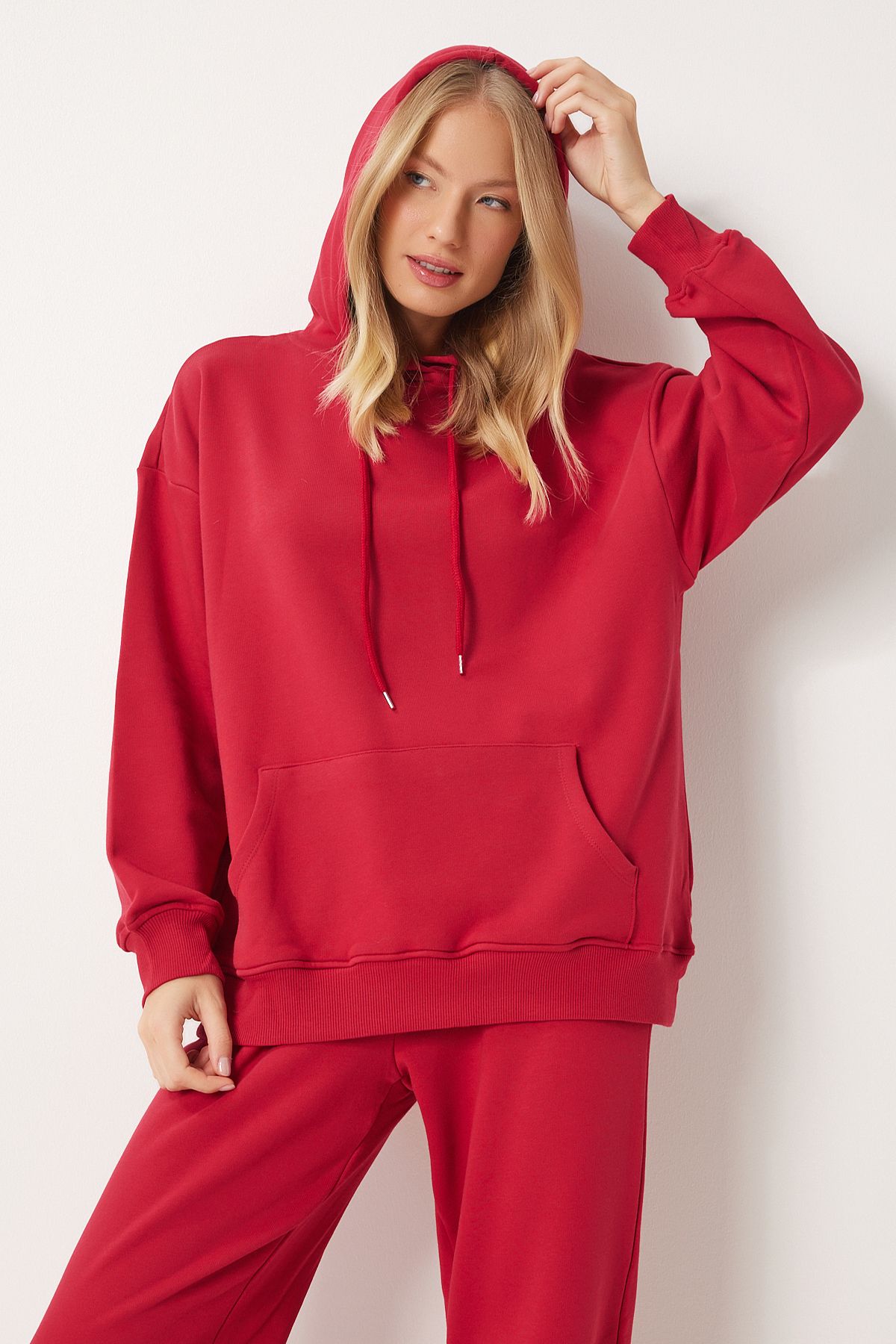 Kırmızı Kapüşonlu Sweatshirt Jogger Oversize Örme Eşofman Takımı PYS0027