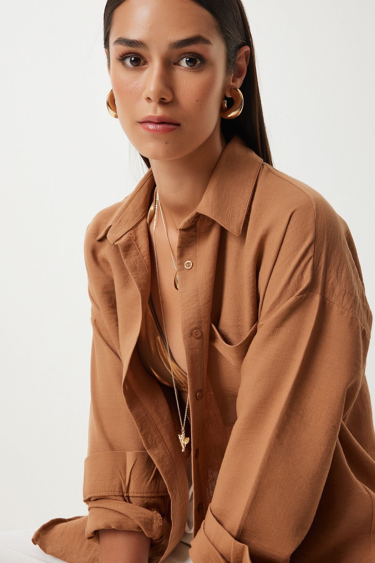 Taba Oversize Keten Ayrobin Gömlek DD01222